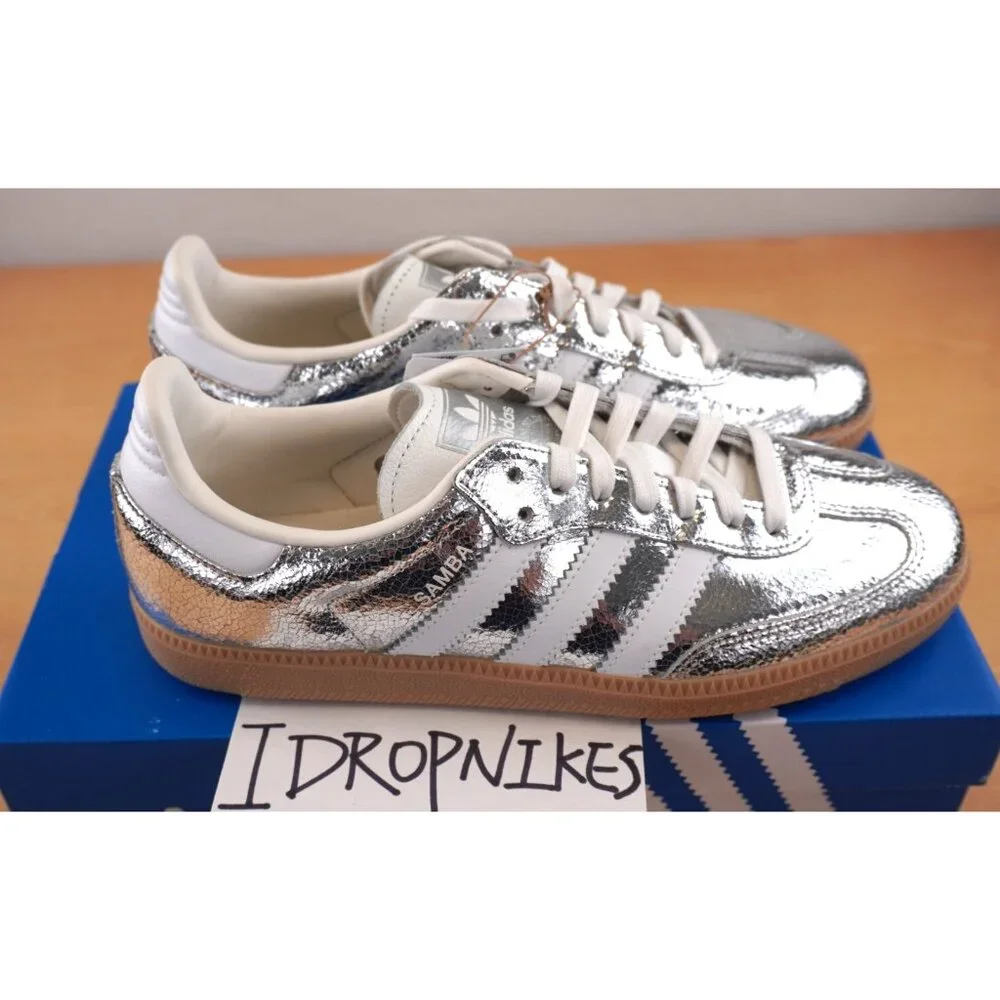 Adidas Samba OG Silver Metallic Cracked Leather Women's Shoes - Picture 7 of 11